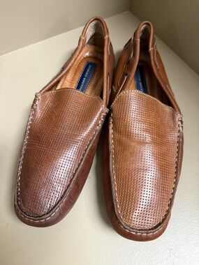 Giorgio Brutini Cognac Perforated Leather Slip-Ons Driving Moc Boat Shoe Lace